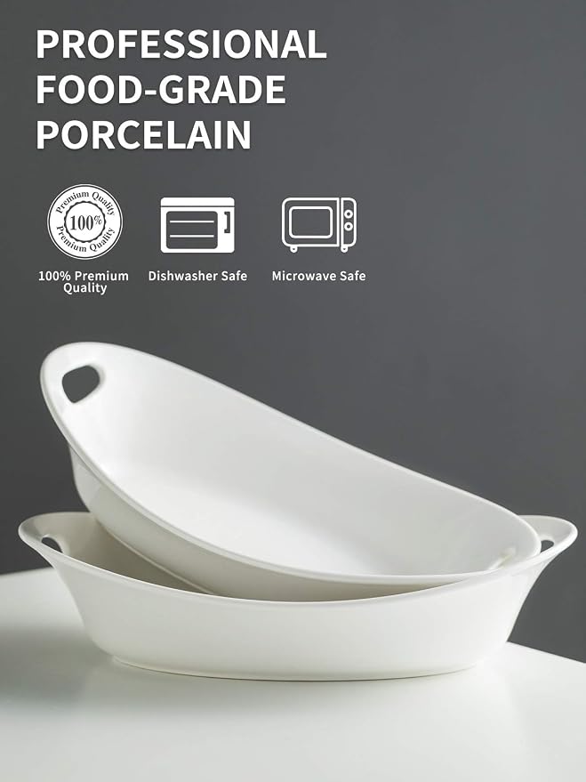 YHOSSEUN Large Serving Bowl with Handles, Oval Serving Platter Set of 2 | Thanksgiving Serving Dishes for Entertaining, Ceramic Salad Bowls Set, 1.5 Quarts, White, Microwave Dishwasher Oven Safe