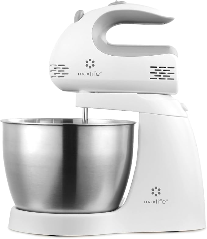 Max Life 3.2 Quarts Stand Mixer - 5-Speed Electric Powerful Stand Mixer, White, with Stainless Steel Bowl, Dough Hooks, Beaters,