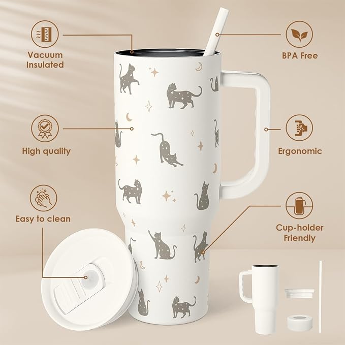 Gift for Cat Lovers Cat Mom – 40oz Stainless Steel Tumbler with Handle and Straw - Travel Coffee Mug for Women, Gift for Birthday, Christmas