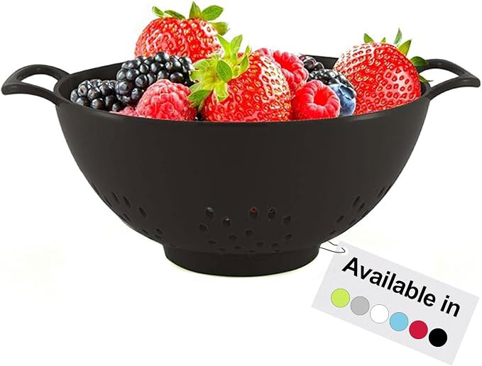 Meadow Lane 6-Inch Small Colander, 3-Cup Food Strainer, Glossy Black | BPA-free, dishwasher-safe mini colander has a wide, shallow bowl, 1/8-inch holes, two handles, ring foot and smooth edges.