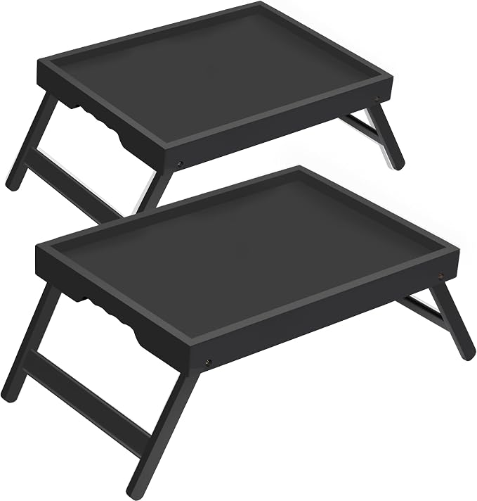 Bamboo Breakfast Trays with Folding Legs, Medium, 2-Pack, Black | Set of 2 bamboo bed trays with folding legs and wave handles for meals, laptops and serving in bed or on sofa.