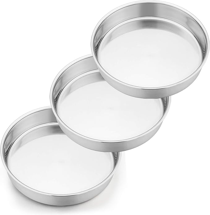 P&P CHEF 9.5 Inch Round Cake Pan Set of 3, Stainless Steel Baking Cake Pans | Round Baking Cake Pan Bakeware for Layer Birthday Cake, Fit Oven/Pots/Pressure Cooker, Leakproof & Dishwasher Safe, Silver