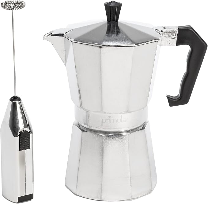 Primula Stovetop Espresso Maker and Handheld Electric Milk Frother Gift Set, Moka Pot for Classic Italian and Cuban Coffee, Cafetera, 6 Espresso Cups, Silver