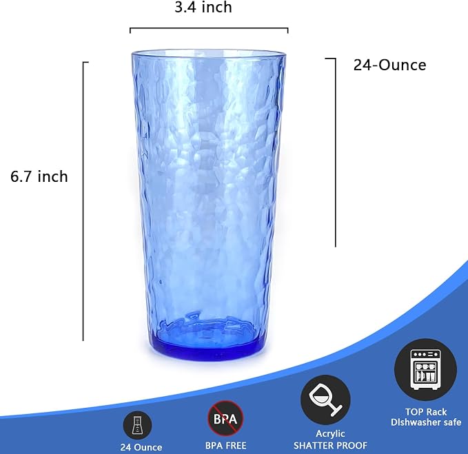 Yalin 24-Ounce Plastic Tumbler Acrylic Drinking Glasses, Reusable Plastic Cups, Stackable, BPA-Free, Shatter Proof, Dishwasher Safe, Set of 8 (Multicolor)