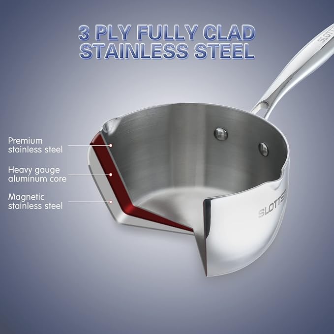 SLOTTET 3.5 Quart Stainless Steel Saucepan with Pour Spout, Tri-Ply Full Body Small Multipurpose Pot with Strainer Glass Lid, 3 Qt Sauce Pan for Cooking with Stay-cool Handle.