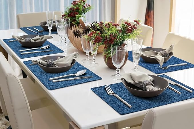 Faux Cotton Linen Placemats Set of 6, Cloth Washable Farmhouse Dining Table Mats for Indoors & Outdoors, Easy to Clean, Navy Blue, 13 x 19 Inch