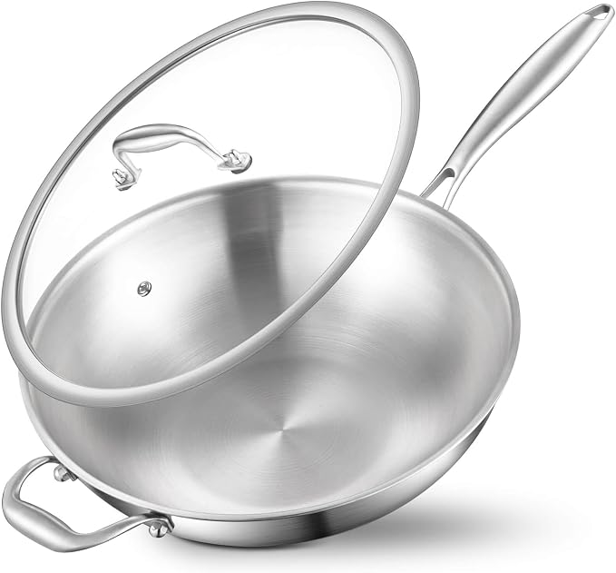 DELARLO Woks & Stir-Fry Pans, 13 in Stainless Steel Pan with Lid, With Side Ear, Large Cooking Surface, Tri-Ply Stainless Steel Wok Pan, 3 Layer Stainless Steel Saute Pan, Works on Induction, 600℉