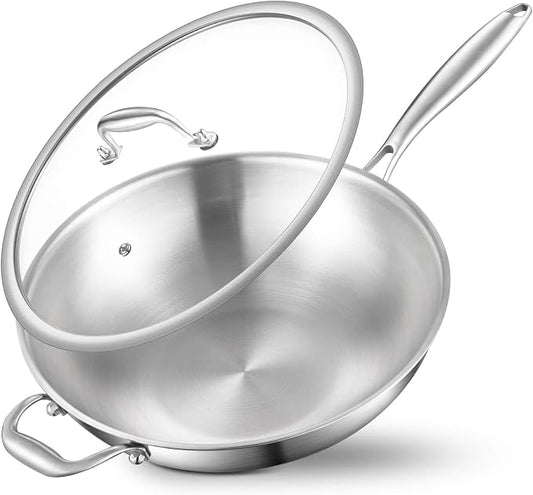 DELARLO Woks & Stir-Fry Pans, 13 in Stainless Steel Pan with Lid, With Side Ear, Large Cooking Surface, Tri-Ply Stainless Steel Wok Pan, 3 Layer Stainless Steel Saute Pan, Works on Induction, 600℉