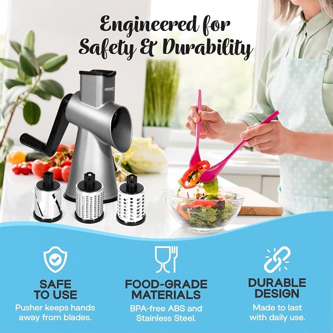 cheese grater hand crank manual, cheese shredder, High Grade steel housing-Vegetable Slicer salad shooter & vegetable shredder Rotary Grater Slicer for, Nuts, with 3 Interchangeable Blades