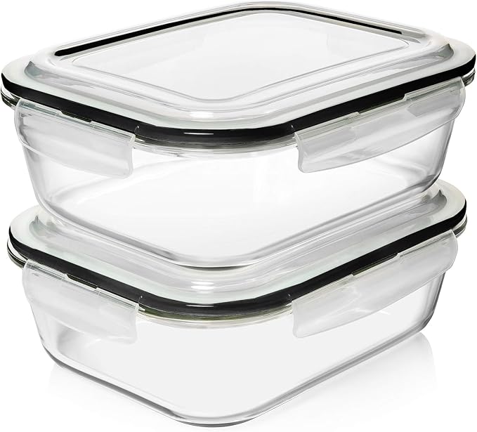 Razab 10 Cups/ 80 Oz 4 Pc (Set of 2) Glass Food Storage Containers with Airtight Locking Lids For Storing & Serving Food. BPA Free & Leak Proof - Microwave, Dishwasher, Fridge, Freezer, Oven Safe