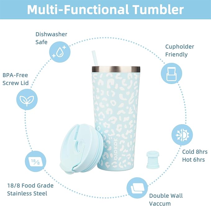 BJPKPK 22 oz Coffee Tumbler with Straw, Insulated Stainless Steel Cup | Double Wall Vacuum, Leak Proof Lid, Keeps Hot/Cold/Iced, BPA Free, Cupholder Friendly, Travel, Light Blue Leopard