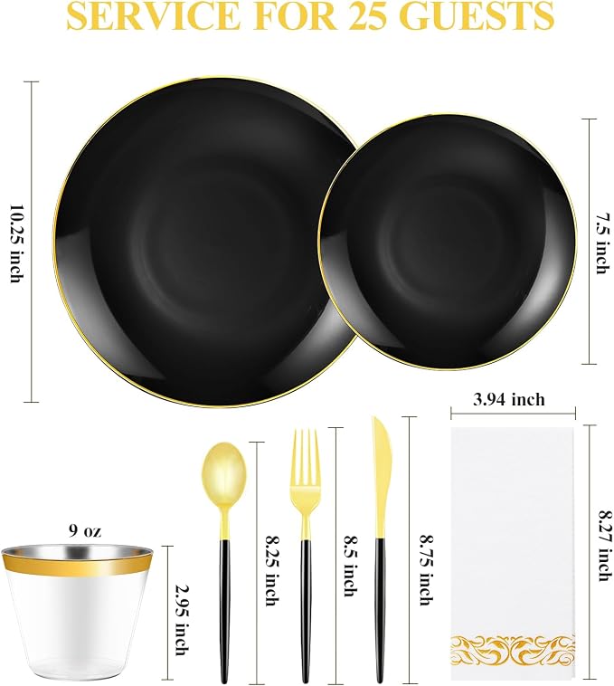 Bestluck 175PCS Black Plastic Dinnerware Set, Black Plastic Plates for 25 Guests, Include 50 Black Gold Plates with 75 Plastic Cutlery, 25 Napkins and 25 Cups