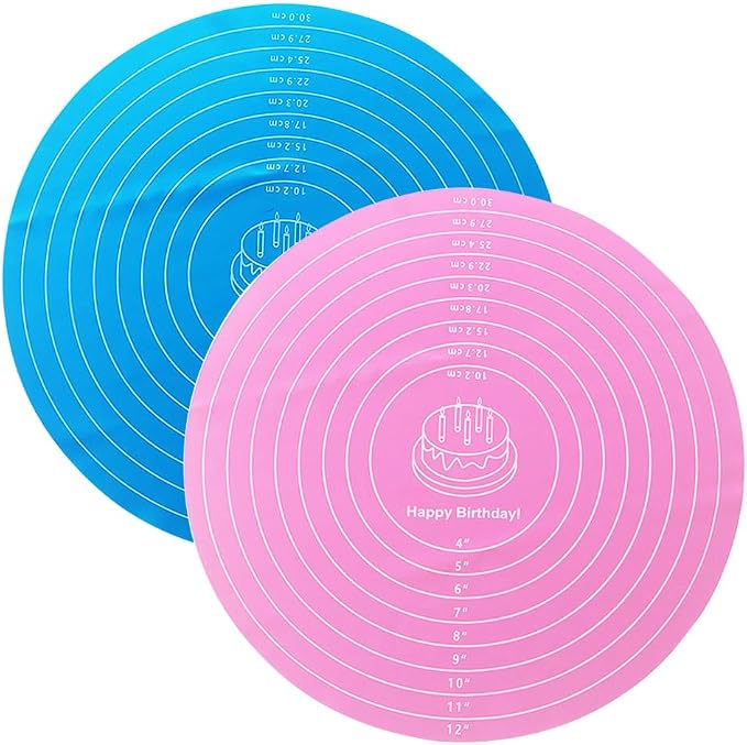 2 Pcs 12 Inch Silicone cake mats, Cake turntable mat | Blue and Pink Silicone Baking Pad, Round Cake Decorating Mat for Rotating Stand, Washable Pastry Sheet for Bread Pizza Dough