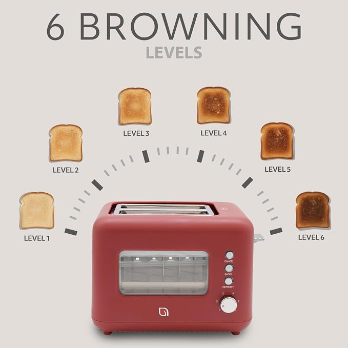 WILLOW Eco Series 2 Slice Toaster with Clear-View Window, 6 Shade Settings, 900W Retro Toaster with Extra Wide Slots, Bagel, Cancel, & Defrost Buttons, Toasters 2 Slice w Crumb Tray for Easy Cleanups