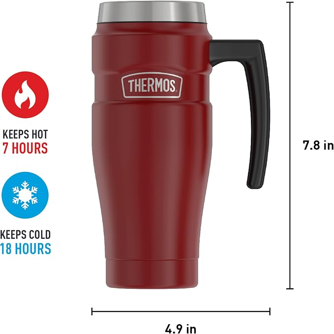 THERMOS Stainless King Vacuum-Insulated Travel Mug with Handle - 16oz, Rustic Red, Thermos Tumbler for Hot/Cold Drinks, Leak-Proof & Sweat-Proof Stainless Steel Coffee Mug with Lid (Pack of 4)