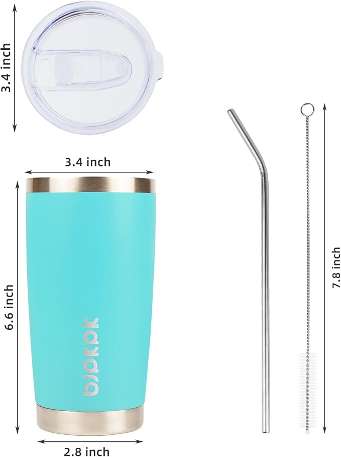 BJPKPK 20 oz Coffee Tumbler with Lid, Straw, Insulated Stainless Steel Mug | Double Wall Vacuum, Keeps Hot/Cold, BPA Free, Leak Proof, Iced Coffee Cup Fit Car Holder, Travel & Beach Ready, Turquoise