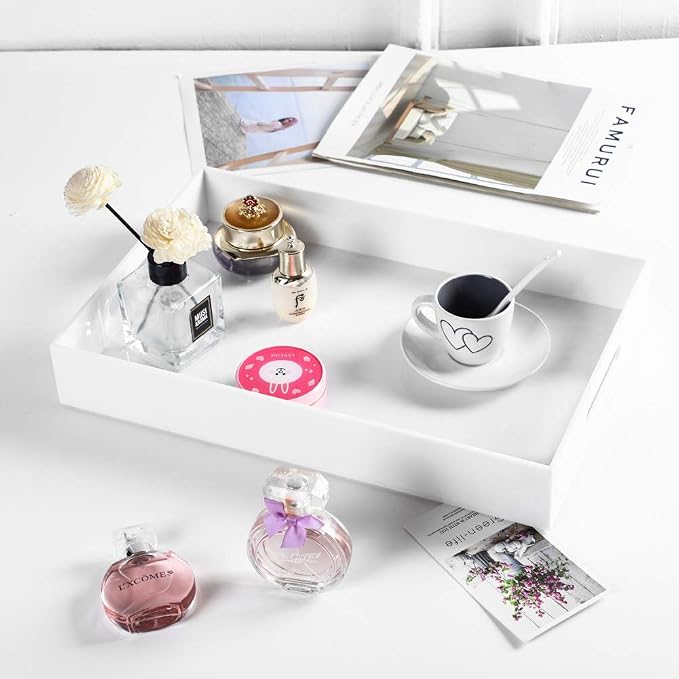 Sooyee Acrylic Serving Tray with Handles, 16" x 12", White | DecorativeTray, Plastic Tray For Breakfast, Tea, Food, Butler, Coffee Table, Ottoman, Vanity, Countertop