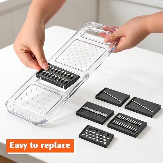 Transparent Multifunctional Slicer - 6 Blades Interchangeable, Handheld Vegetable Cutter with Hand Guard for Kitchen, Onion, Garlic, Cucumber, potato, Safe Food Slicer