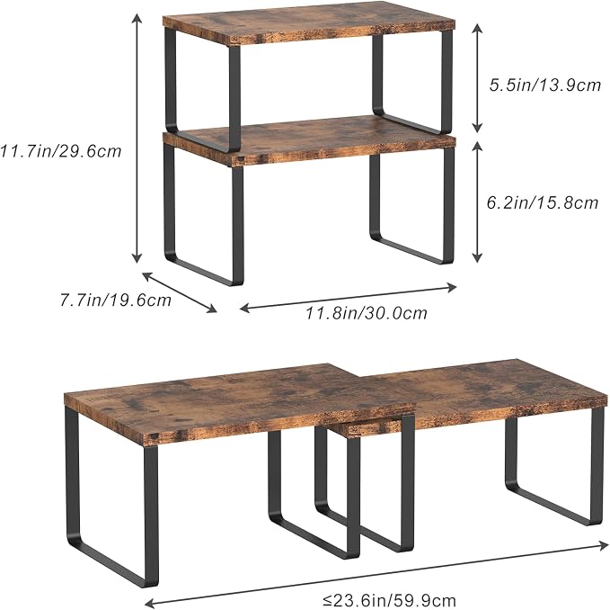 CADUKE Set of 4 Counter Shelves Kitchen Cabinet Shelf Organizer Brown | Countertop Organizer,Counter Top Racks,Stackable, Expandable, Metal and Engineered Wood, for Bathroom