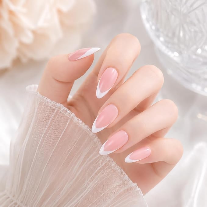Luxury Handmade Press on Nails Medium Almond Fake Nails White French Tip False Nails Elegant Glossy Pink Stick on Nail Full Cover Muti-Layer Gel Thick Acrylic Nail for Women (M)