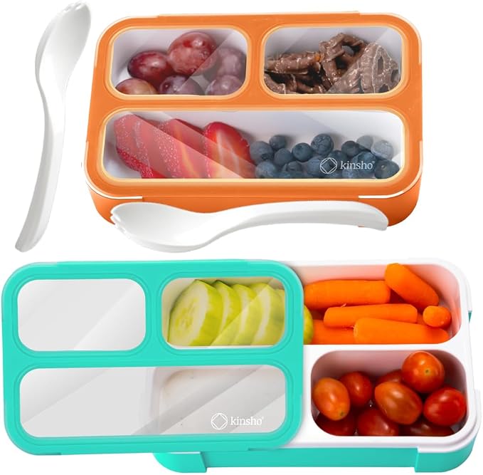 kinsho Snack Container Boxes for Kids Toddlers, 2 Pack Teal Blue & Orange | 3 Compartments, Leak-Proof, Spill Proof, BPA-Free Reusable Small Mini Bento Lunch Box for Daycare School Travel, Holds 2 Cups