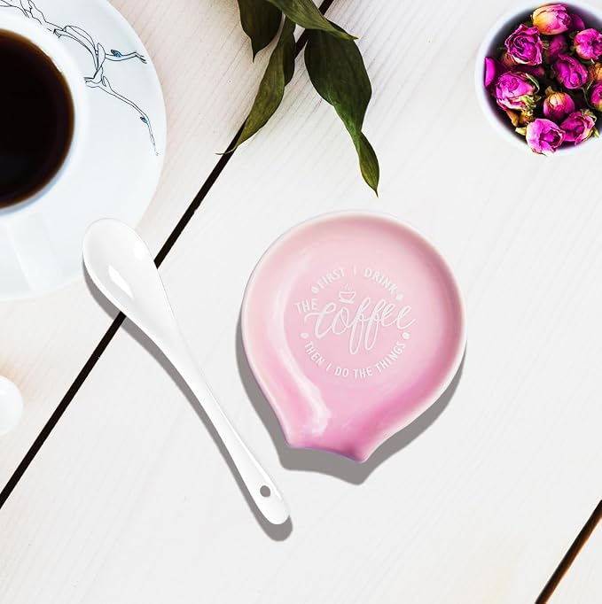Funny Coffee Quote First I Drink The Coffee Then I Do The Things Ceramic Spoon Holder-Light Purple Coffee Spoon Rest -Cafe Station Bar Accessories