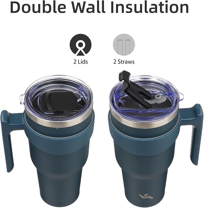Konokyo 30 oz Tumbler with Handle and Straw, Insulated Travel Mug | Navy Blue; BPA-free, leak-proof tumbler with 2 lids, 2 straws, cup holder fit for coffee, office, travel & daily use