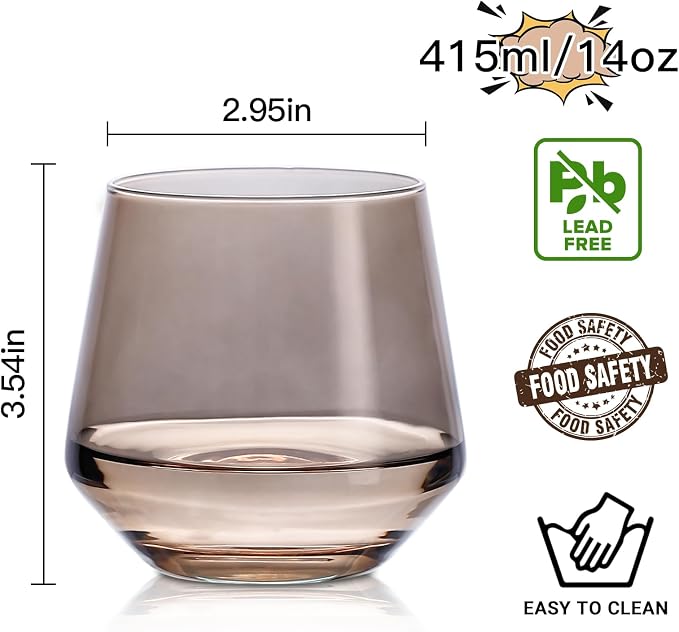 Stemless Wine Glasses Set 6【Colored Wine Glasses Stemless】 Multi Color Short Tumbler【14oz】 Colored Glassware for Wine or Soft Drinks,Unique Wine Gifts for Women Birthday Wedding