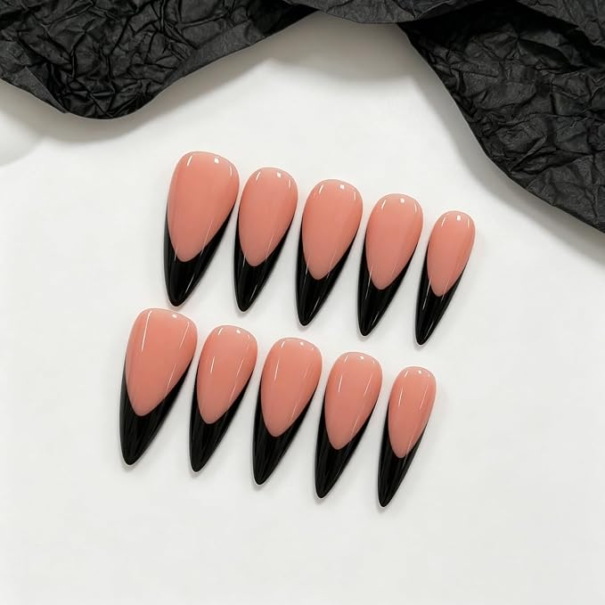 Handmade Press on Nails Glossy Black French Tip Fake Nails with Solid Color Designs Long Stiletto Nail Art Thick Acrylic Stick on Nails for Women 10pcs (M)
