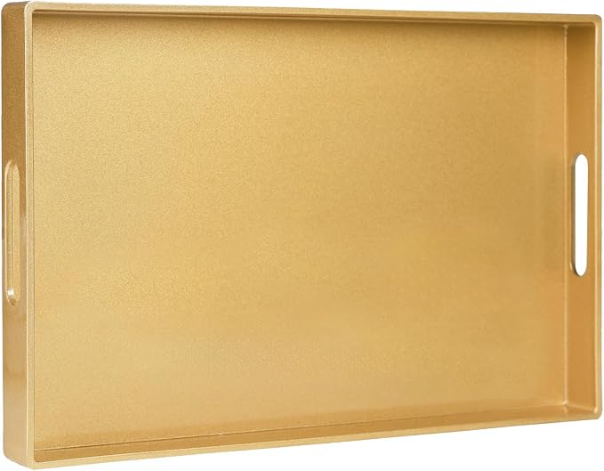 Gold Decorative Tray for Coffee Table, Serving Tray with Handles | Plastic Melamine Tray, Modern Ottoman Tray, Rectangular Countertop Organizer Tray for Living Room, 15.8"L x 10.2"W x 1.4"H