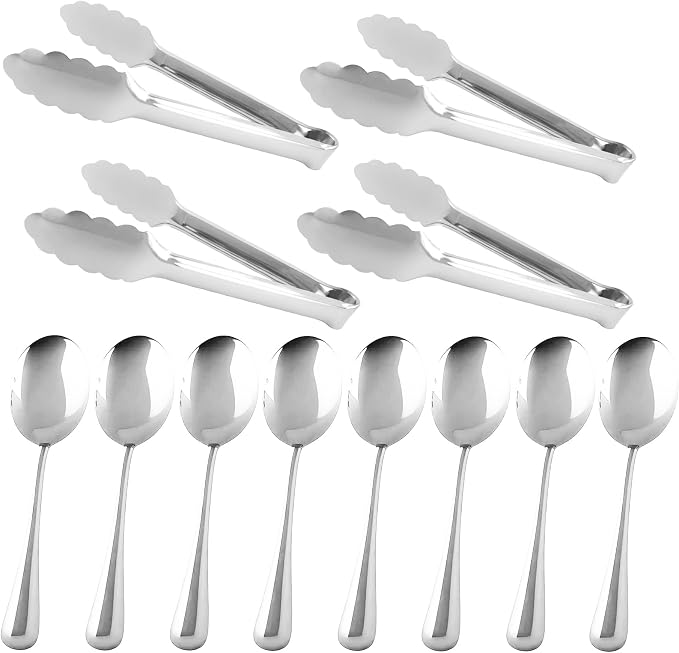 12PCS Silver Serving Utensils Set,Includes 8 large serving spoons,4 serving tongs