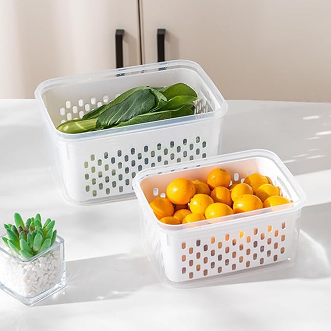 2pcs Fruit Storage Containers for Fridge, Airtight Food Saver Containers with Removable Colander & Lid, Stackable Fridge Organizer Box Set to Keep Vegetables Fresh Longer(Clear White)