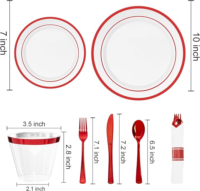 DaYammi 350PCS White and Red Plastic Dinnerware Set for 50 Guests, Fancy Disposable Plates for Party, Include: 50 Dinner Plates, 50 Dessert Plates, 50 Pre Rolled Napkins with Red Silverware, 50 Cups