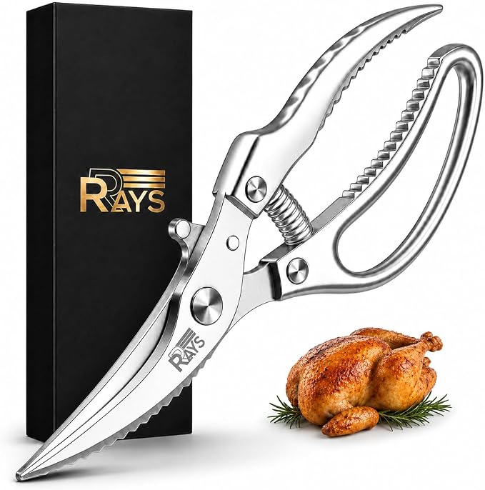 Heavy Duty Poultry Shears, Spring Loaded Kitchen Scissors for Chicken, Turkey, Meat & Fish, Stainless Steel Meat Scissors & Chicken Bone Cutter, Dishwasher Safe with Safety Lock & Gift Box