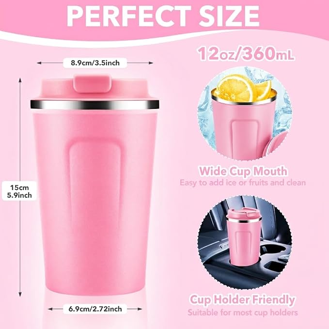 Volhoply 12 oz Double Wall Insulated Vacuum Travel Coffee Mugs with Flip Lid Bulk 2 Pack,Reusable Stainless Steel Leak Proof Coffee Cup,Portable Cafe Thermal Tumbler for Hot & Cold Drinks(Pink,2 Set)