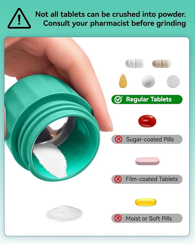 Pill Crusher Fine Powder, Pill Grinder & Cutter, Storage Box, Cyan | Stainless Steel Pestle, Pill, Vitamins, Tablets, Crusher for Elderly, Pets, Easy to Use, Crushes Medications into Fine Powder