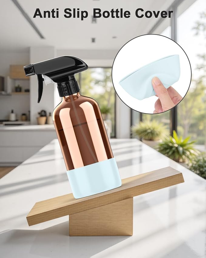 Bontip Amber Glass Spray Bottle, 16 oz with Blue Silicone Sleeve, 1 Pack | Refillable amber glass bottle, With protective silicone sleeve, BPA-free, UV shielding, Great for cleaning solutions,plants