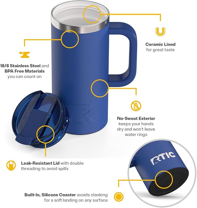 RTIC 16oz Road Trip Travel Mug with Lid and Handle, Ceramic Lined, Cobalt | Stainless Steel Metal, Insulated Travel Cup for Hot and Cold Drinks, Coffee, Car, Camping and Travel