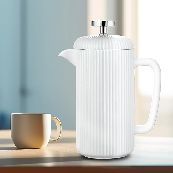 Easyworkz Porcelain French Press 34 fl oz, Coffee Tea Maker with Stainless Steel Plunger 1000 ml, Ivory