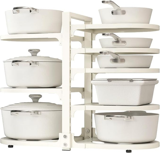 Adjustable Heavy Duty Pots and Pans Organizer Under Cabinet, 8-Tier Pot and Pan Organizers Inside Cabinet, Kitchen Cabinet Organizers and Storage, White