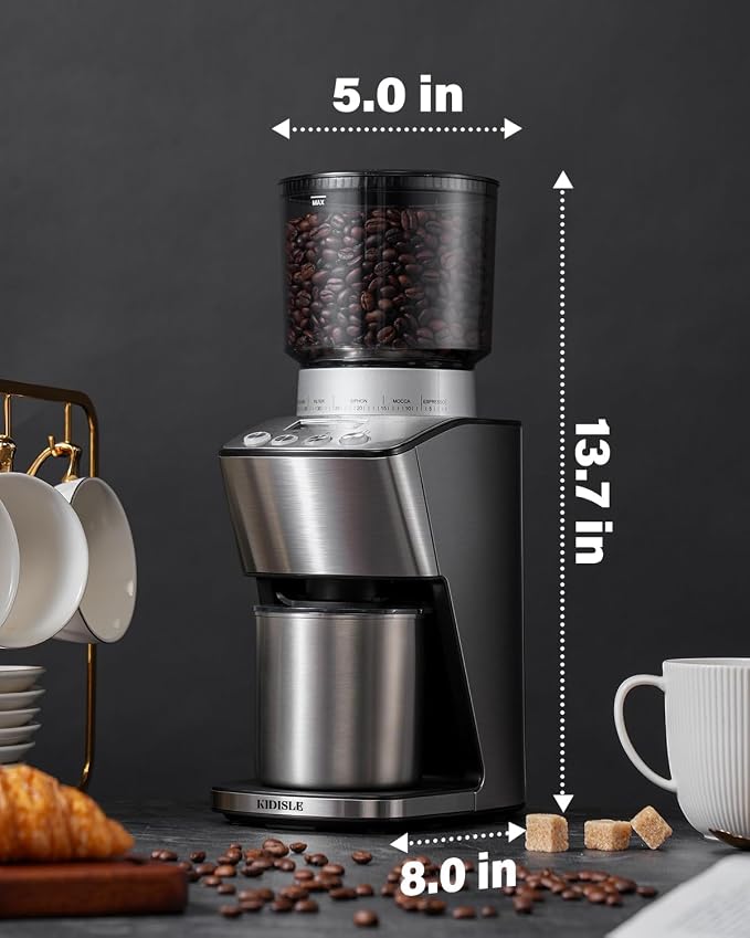 KIDISLE Conical Burr Coffee Grinder Electric, Espresso Grinder for Home Use, Burr Mill with 51 Grind Settings, Precision Electronic Timer, Stainless Steel Container