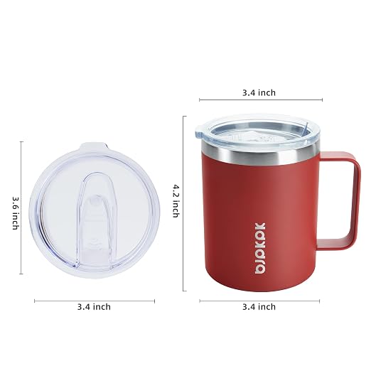 BJPKPK 2pcs Stainless Steel Insulated Coffee Mug, 14oz with Lid, Non Sweat Design-Red | Travel Coffee Mug with Handle, Vacuum Insulated Tumbler Cup for Camping, Office, Home, BPA Free Lid, Hot & Cold