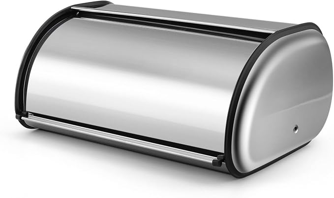 Flexzion Stainless Steel Bread Box, 16-Inch Bread Bin for Countertop | Large Bread Storage Container for Loaves, Bagels, Pastries, and Snacks; 15.75 X 10.83 X 7.28 Inches