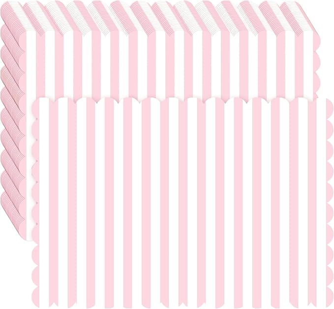 100 Pcs Pink and White Striped Paper Placemats 14 x 10 Inch Scalloped Pink Paper Placemat Disposable Table Place Mats for Wedding Bridal Shower Beach Party Home Table Kitchen Decoration