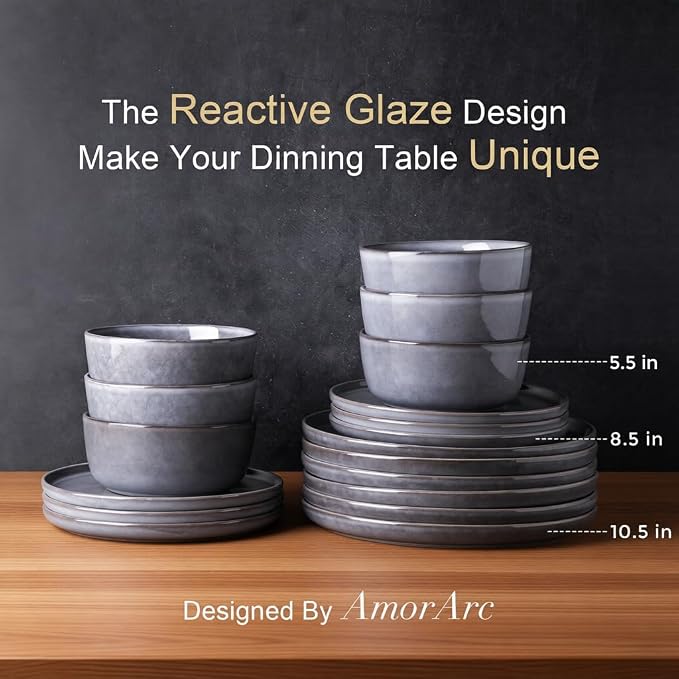 AmorArc Stoneware Dinnerware Sets for 6, 18Pcs Plates and Bowls Sets Dishes | Ceramic Round Reactive Glaze Dishes Set, Highly Scratch Resistant | Dishwasher & Microwave Safe Dishware