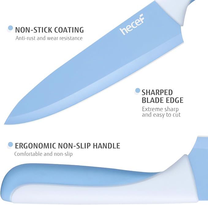 hecef 15 Pieces Kitchen Knife Block Set, Blue | Built-in Sharpening Wooden Block, Dishwasher Safe, High Carbon Stainless Steel, Includes Steak Knives & Kitchen Scissors