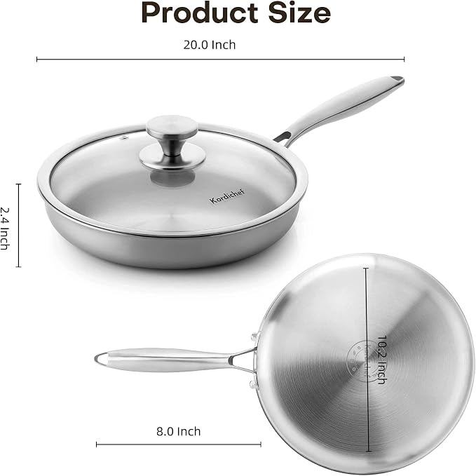 12 Inch Stainless Steel Frying Pan with Lids, Healthy Stainless Steel Skillet, Works on Induction, Ceramic and Gas Cooktops, PFOA Free Cookware, Dishwasher and Oven Safe, Stay-Cool Handle