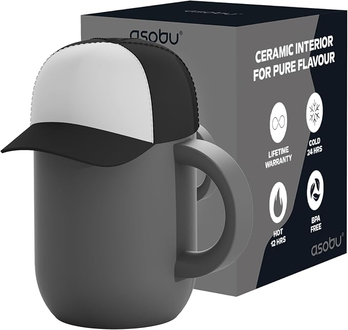 asobu Happy Hat Mug – 12 oz Double-Walled Stainless Steel Insulated Cup with Beanie-Shaped Lid – Ceramic Inner Coating – Spill-Proof and Ergonomic Design for Home and Travel (Black)