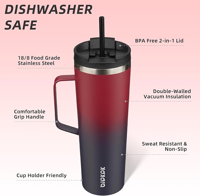 BJPKPK 30oz Insulated Tumbler with Handle, Lid & Straw, Stainless Steel | Double Wall Vacuum Insulated Coffee Travel Mug - Keeps Cold & Hot, BPA Free, Cupholder Fit for Office, Gym & Travel