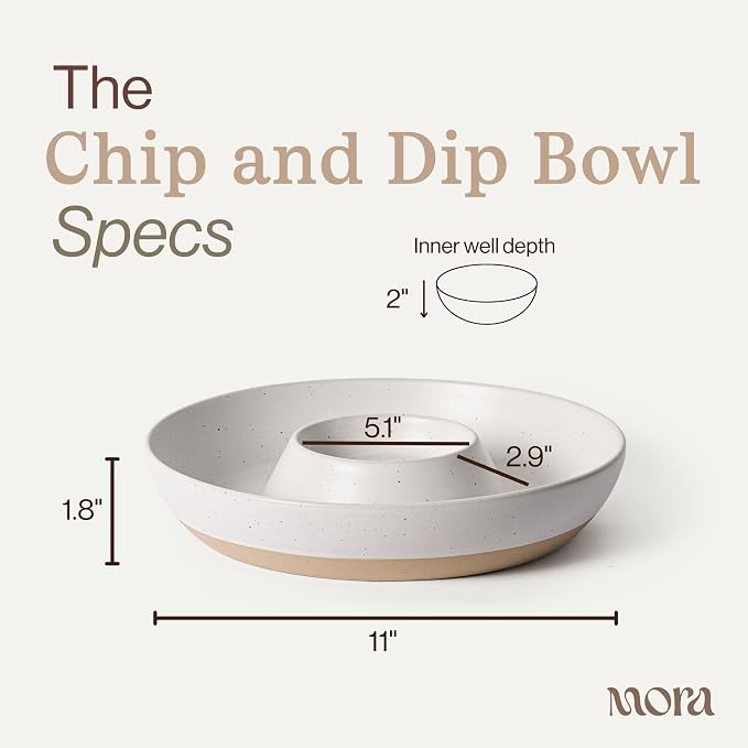 Mora Ceramic Chips and Dip Serving Tray: Large Divided Party Bowl Set for Chips & Salsa, Veggies & Dip, Fruit, Snacks, Entertaining, Hosting, etc. Minimalist Design for the Modern Hostess - Oat